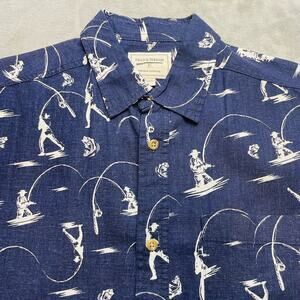 Field & Stream Fly Fishing Patriotic Shirt Mens L Navy Linen Blend Short Sleeve
